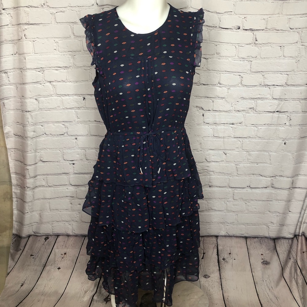 J Crew Tiered Silk multi colored Lip / Kiss Print Indigo Blue dress size 6p
